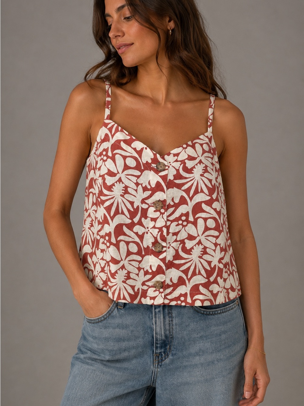 NWT Marine Layer XS Tropical Floral Button Front Cami Tank Top Red Cream